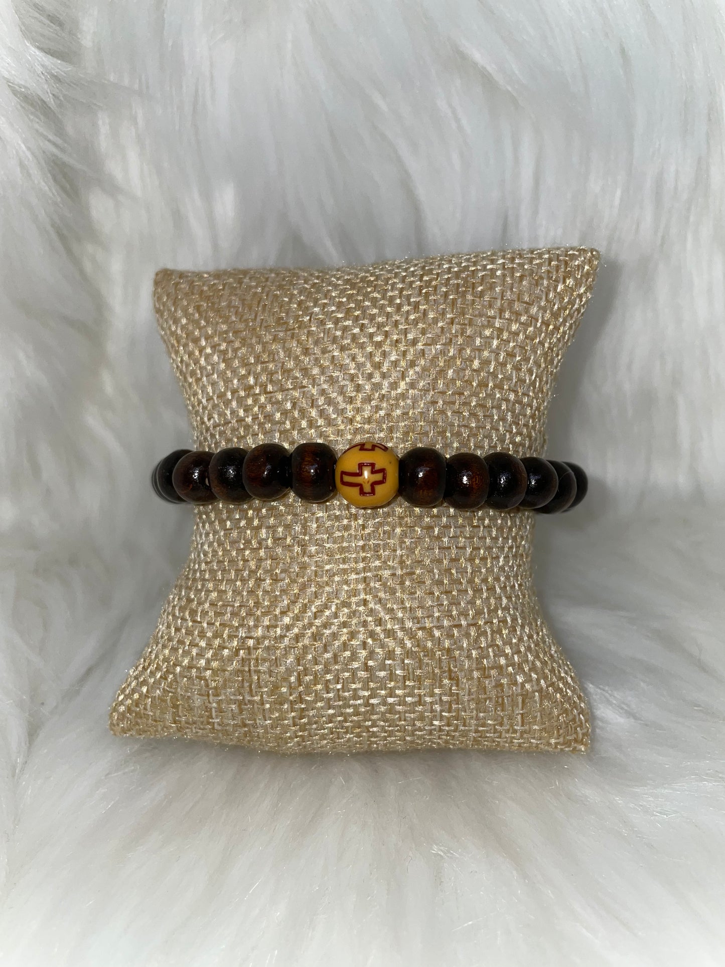 Wood Bead Bracelet with Focal Cross Bead