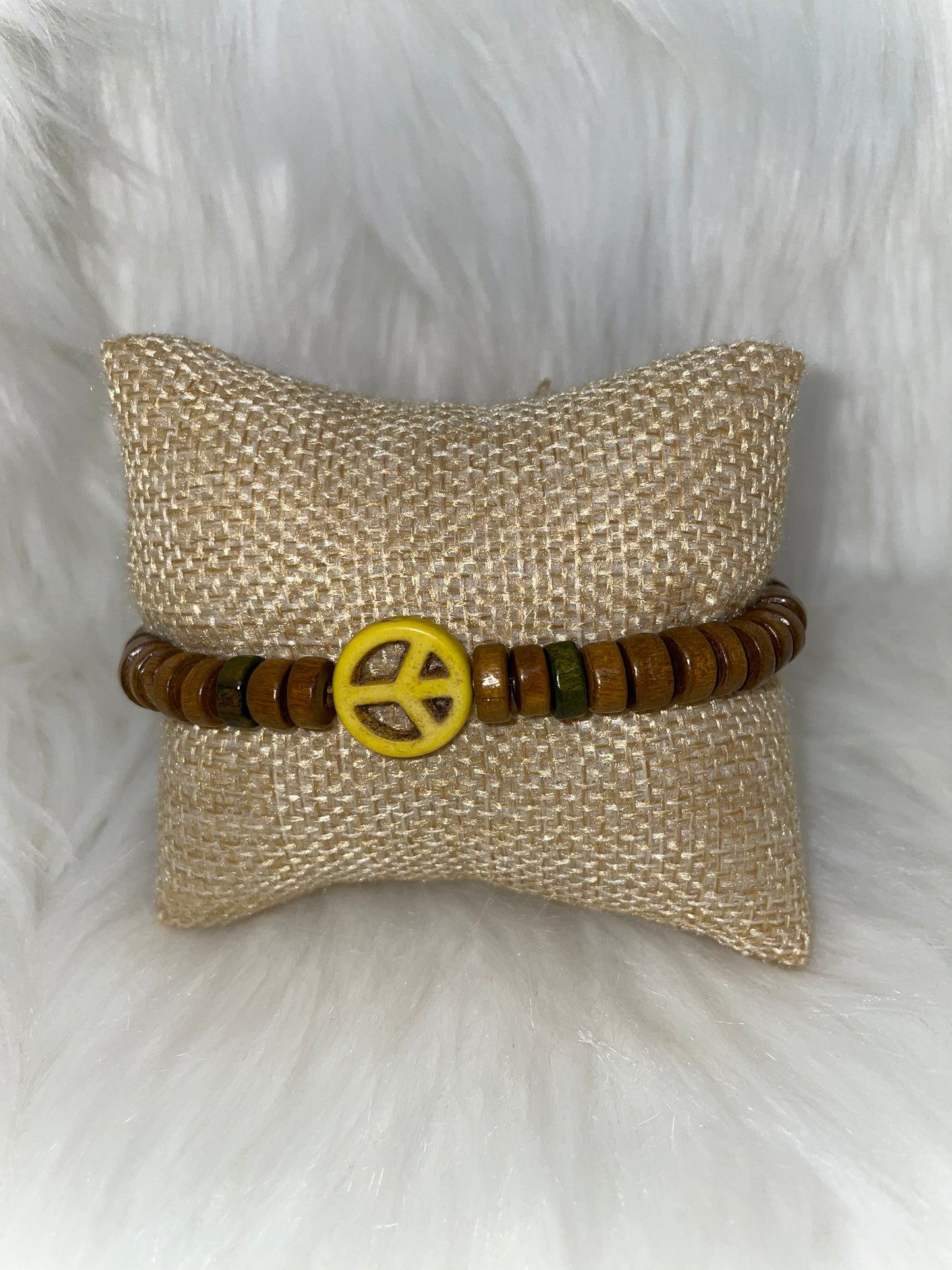 Wood Bracelet with Yellow Peace Bead