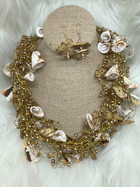 Gold Beads & Shells Necklace Set