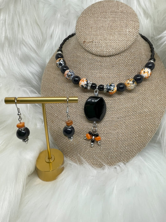 Orange and Black Necklace & Earrings Set