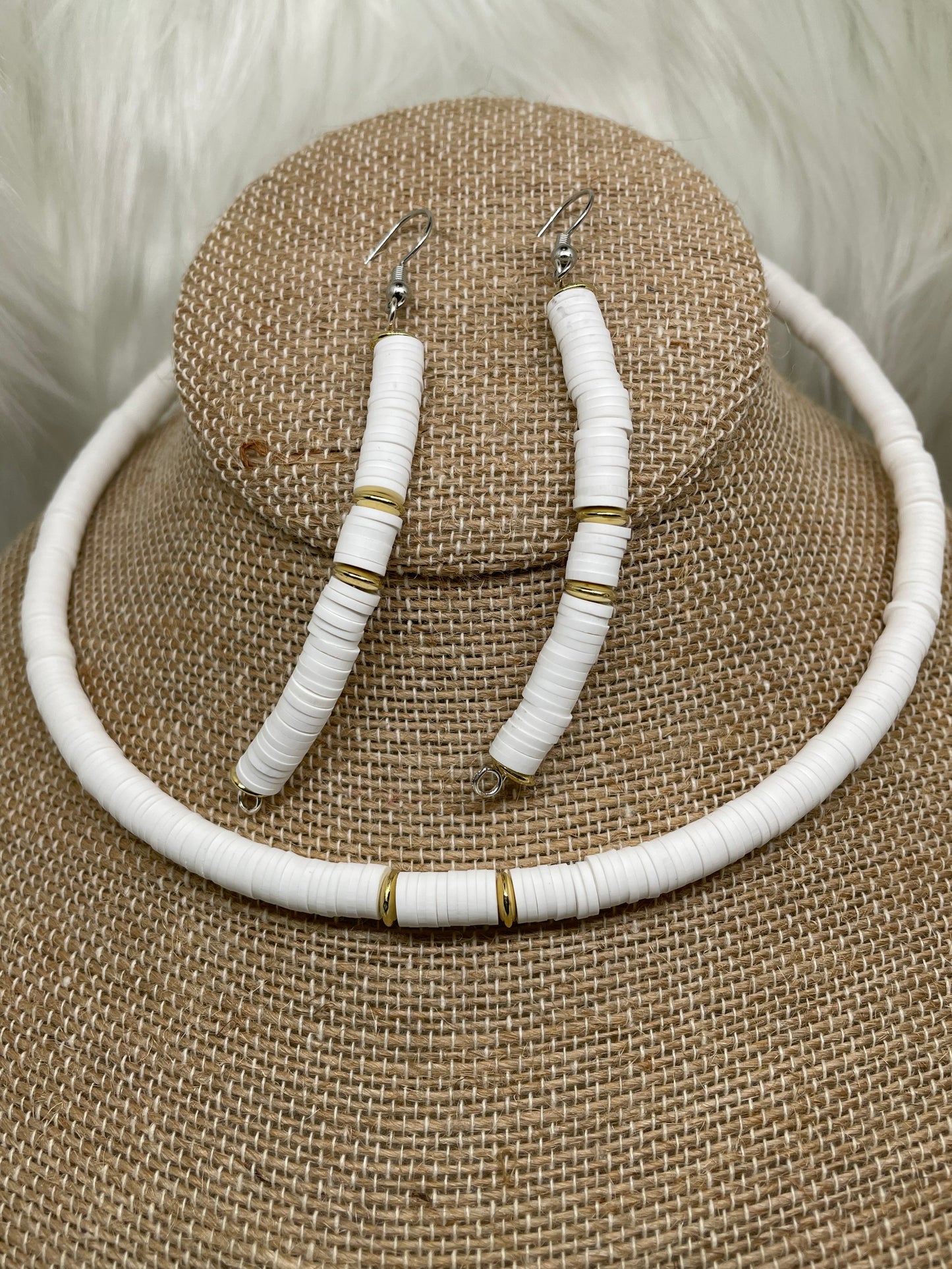 White Heishi Bead Necklace & Earrings