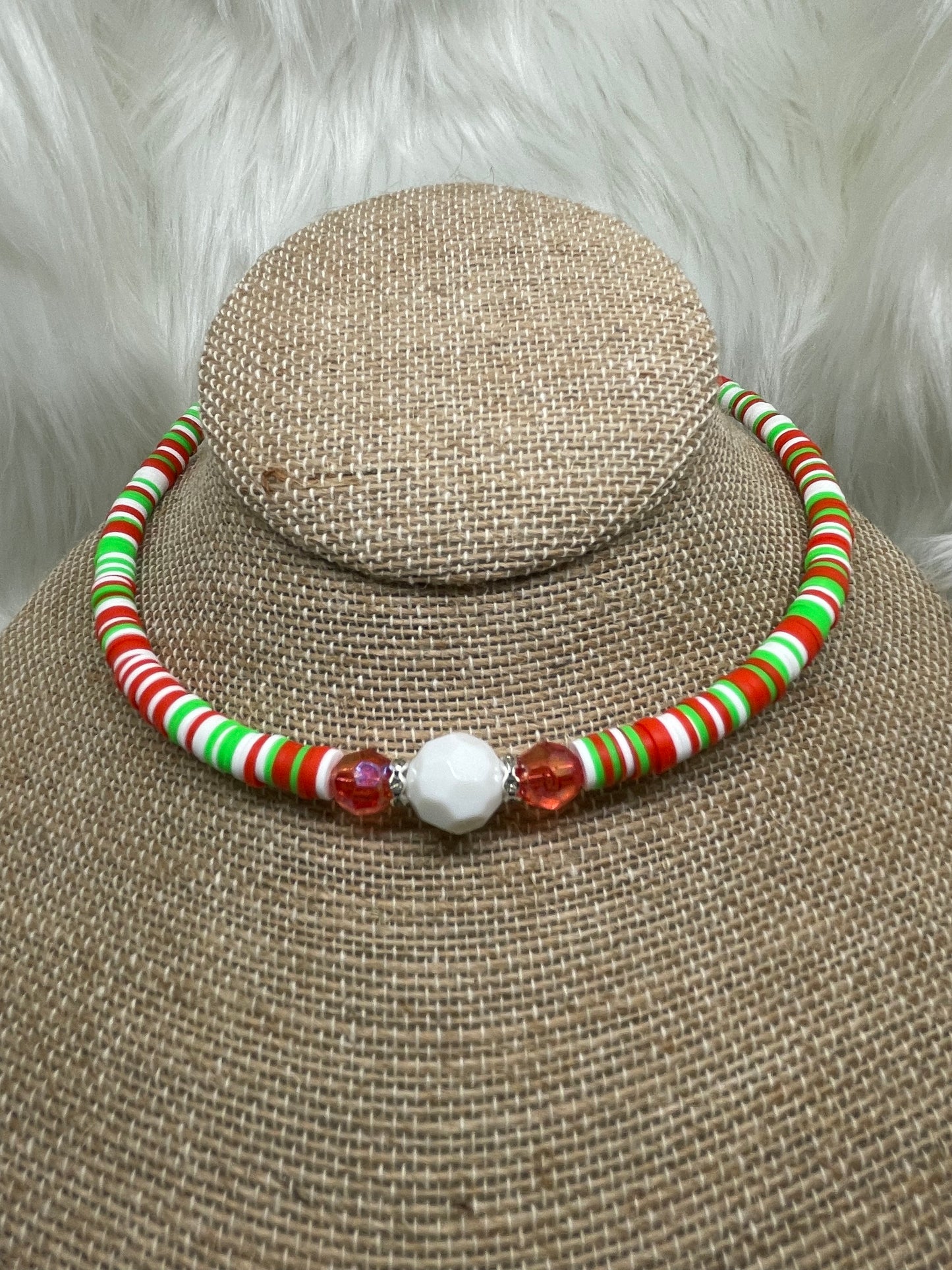 Red, White , & Green Mix Heishi Bead Necklace