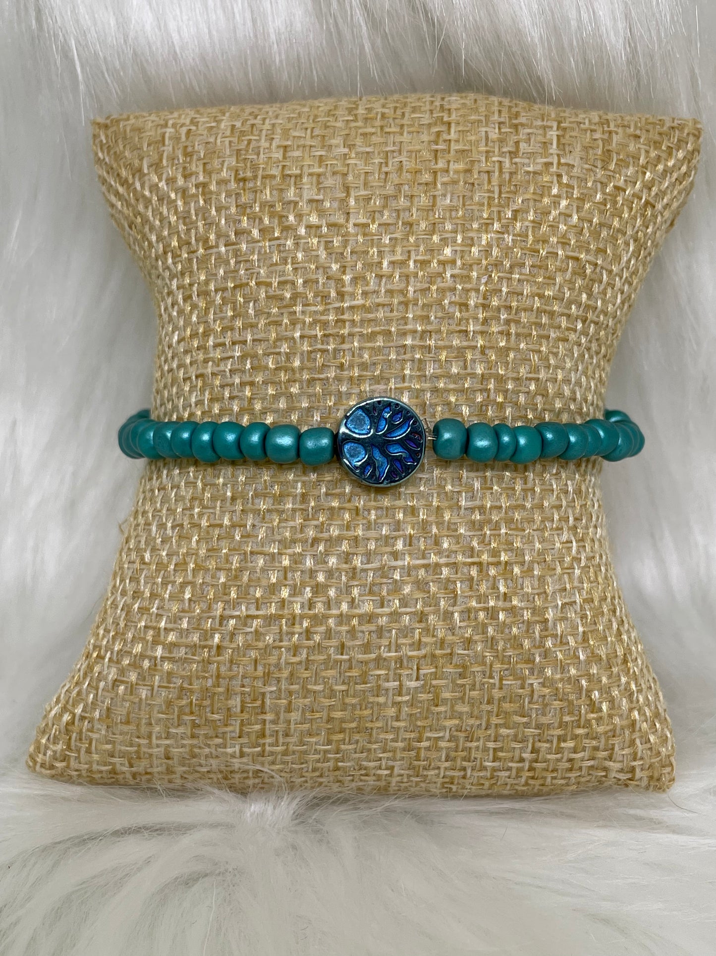 Teal Beaded Bracelet with Tree of Life
