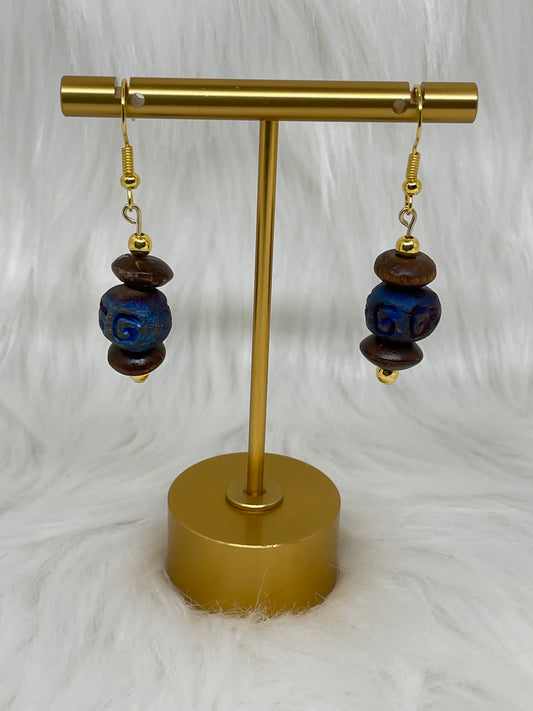 Blue Ceramic & Wood Earrings