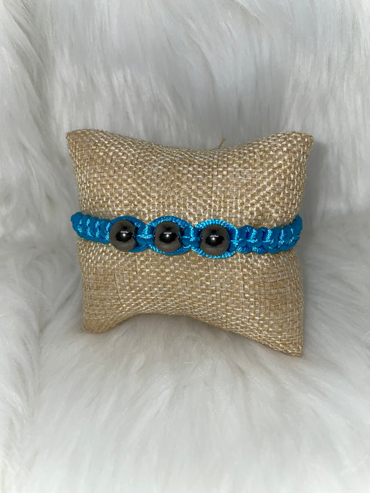 Teal Woven Bracelet with Gray Metal Beads