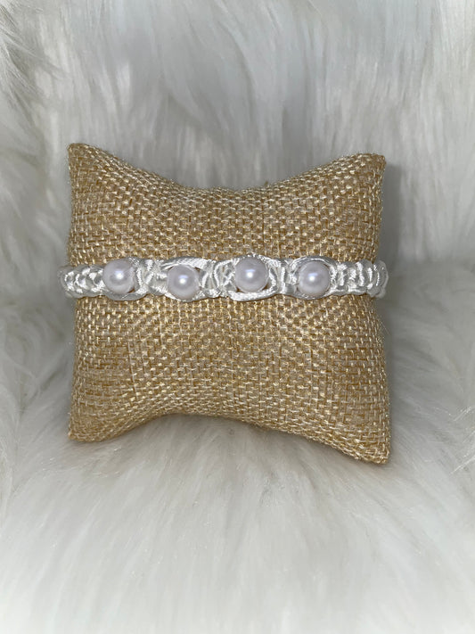 White Woven Bracelet with Pearl Beads