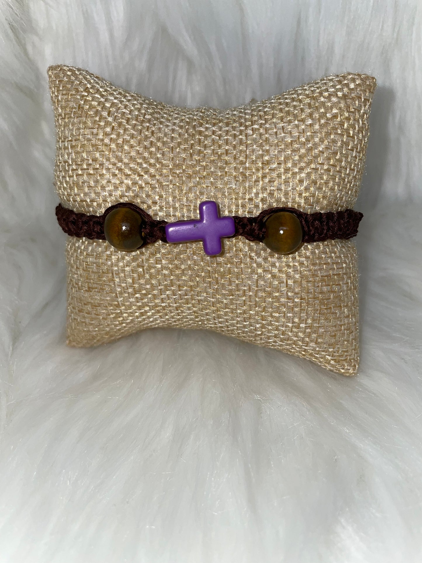 Brown Woven Bracelet with Purple Cross
