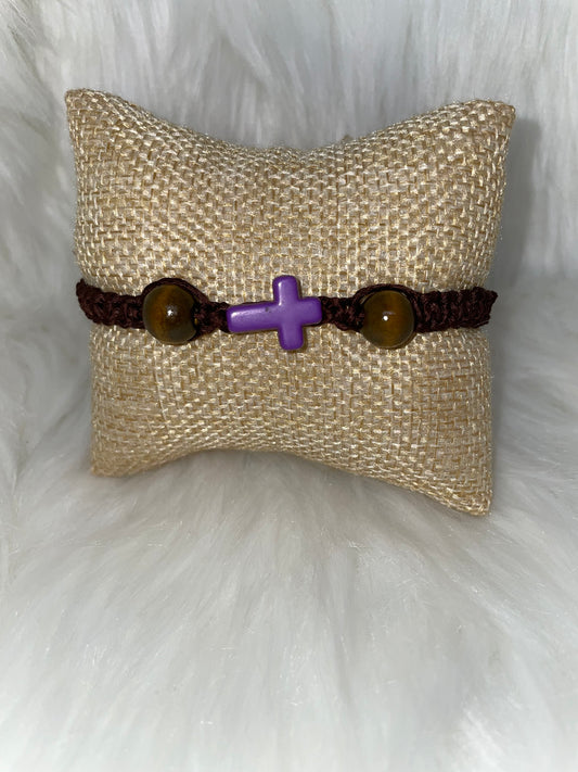 Brown Woven Bracelet with Purple Cross