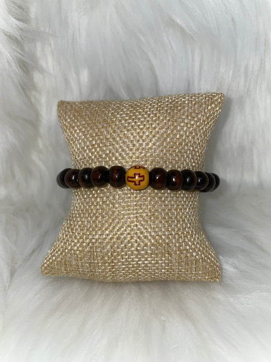 Wood Bead Bracelet with Focal Cross Bead