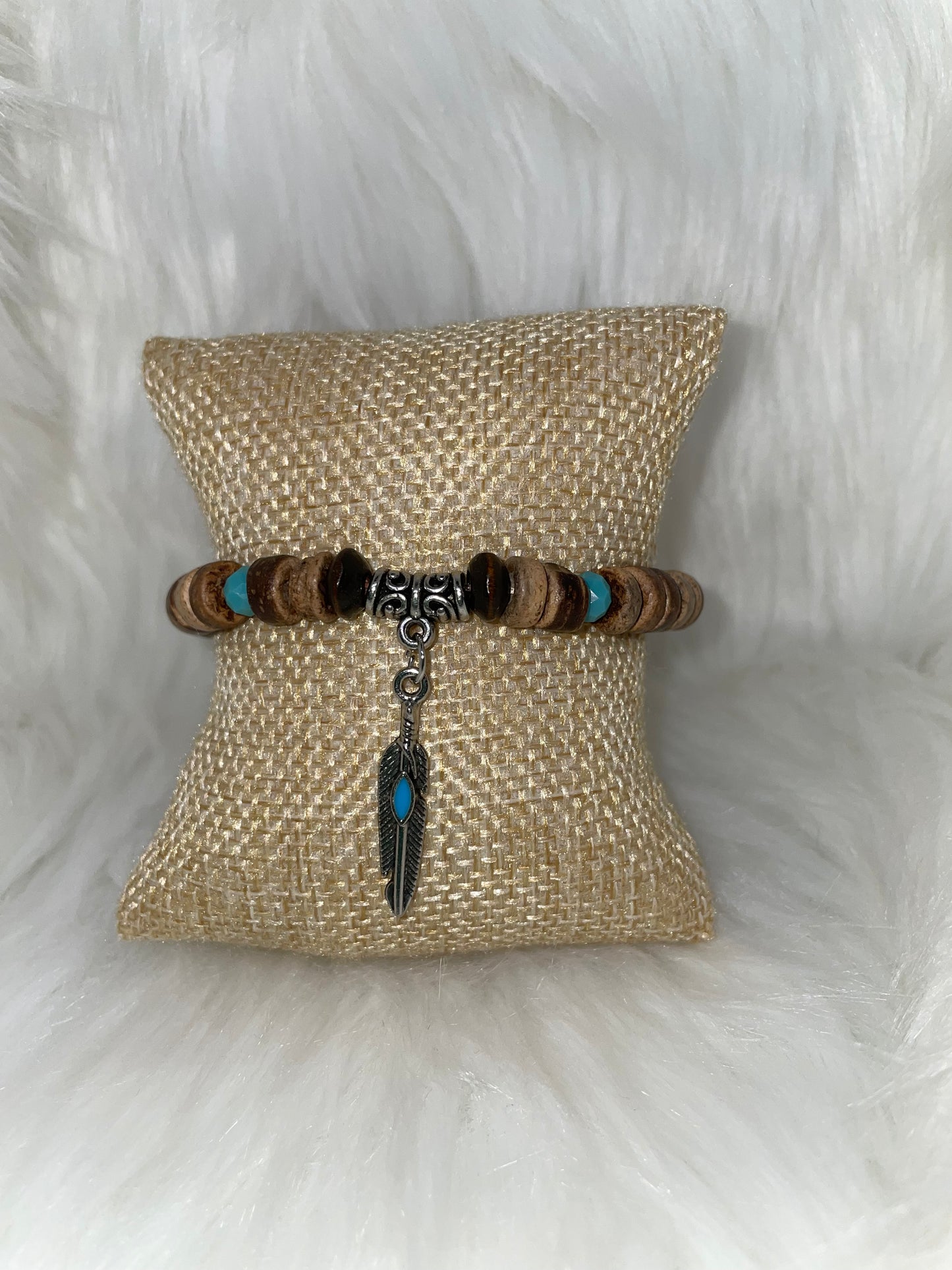 Wood Bead Bracelet with Feather Charm
