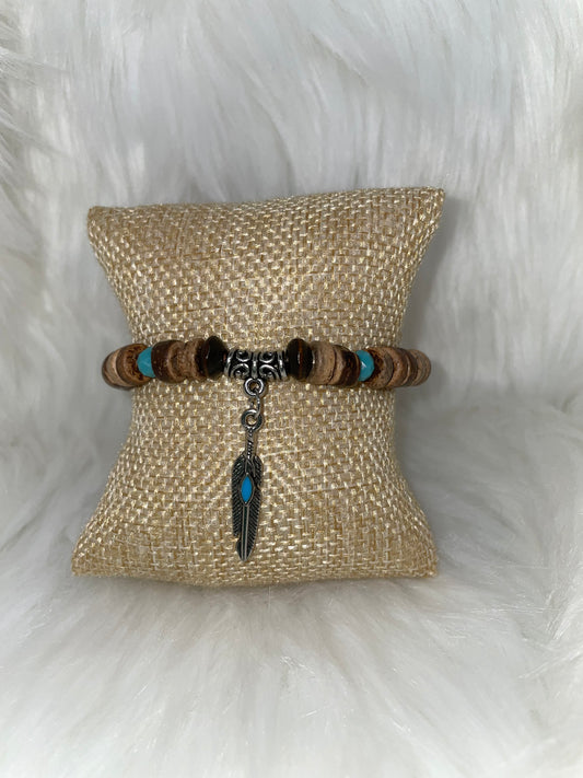 Wood Bead Bracelet with Feather Charm