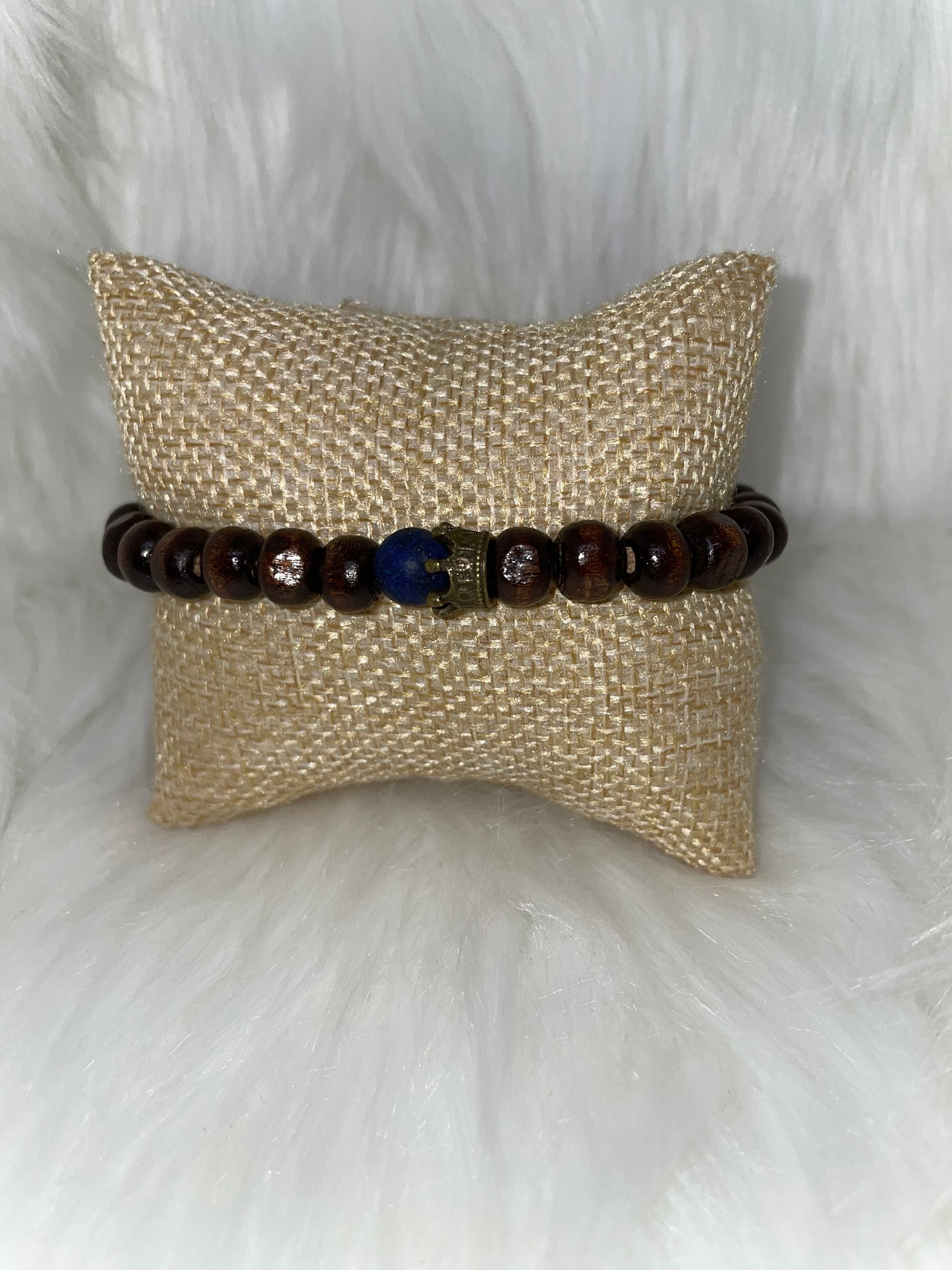 Wood Bead Bracelet with Blue Lava Bead