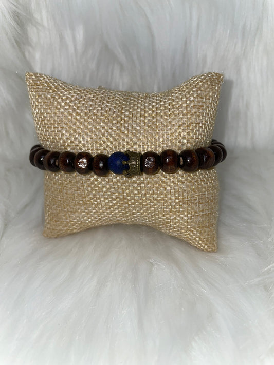 Wood Bead Bracelet with Blue Lava Bead