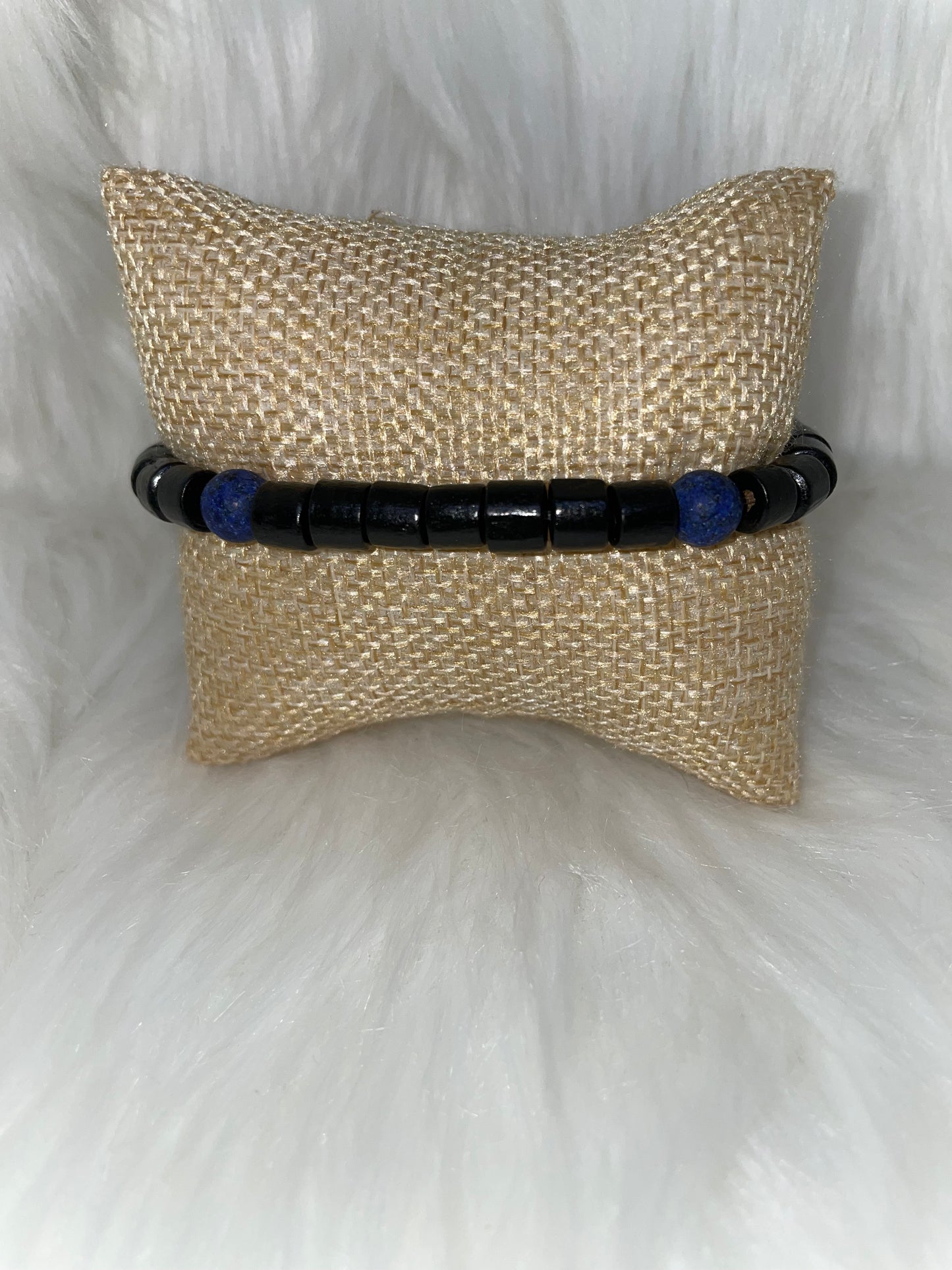 Wood Bead Bracelet with Blue Stones