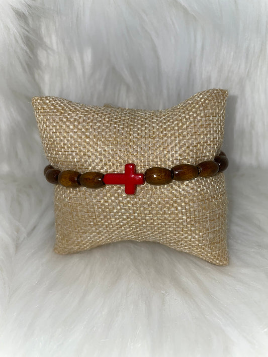 Wood Bracelet with Red Cross Bead