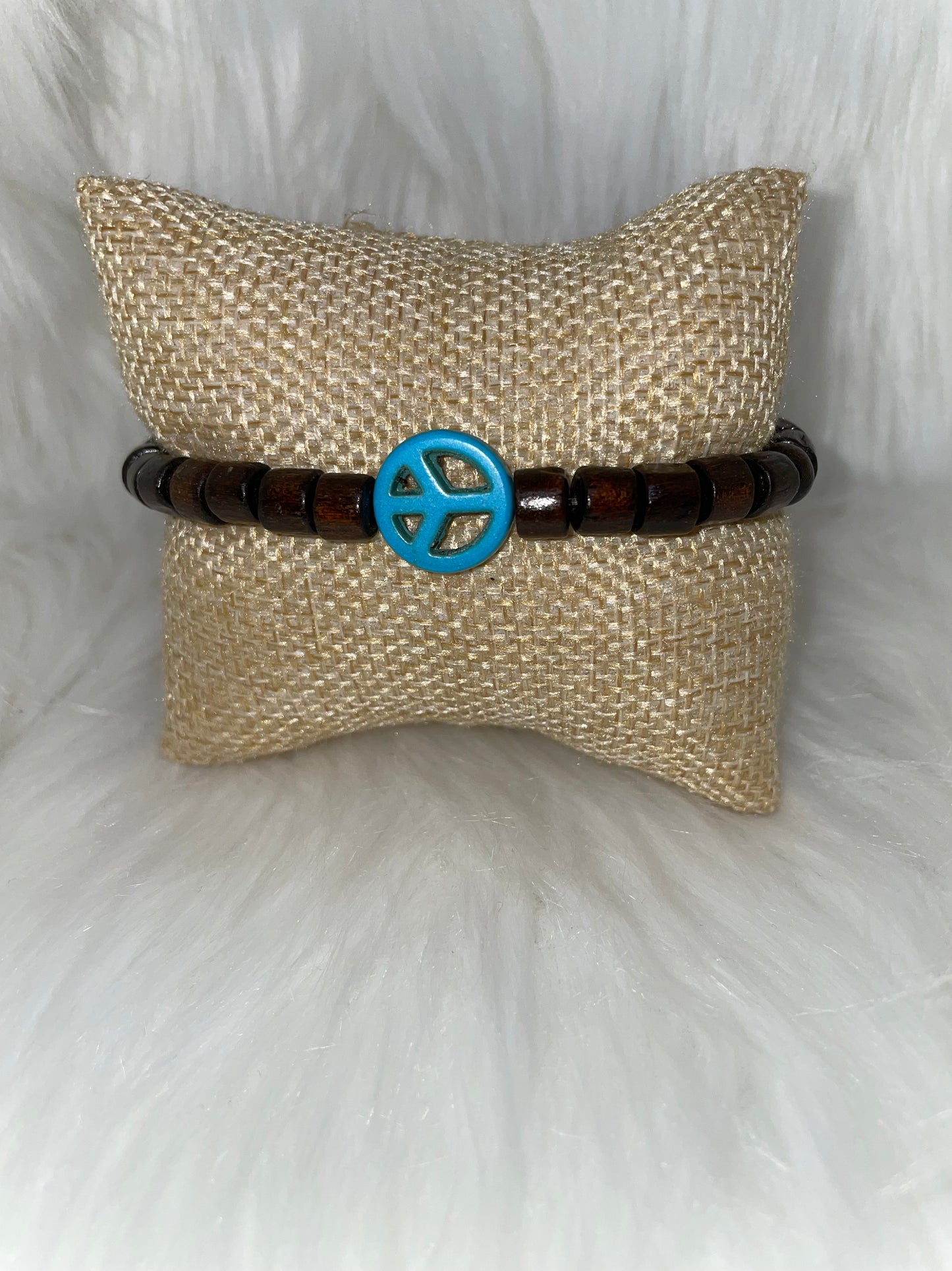 Wood Bead Bracelet with Turquoise Peace Bead