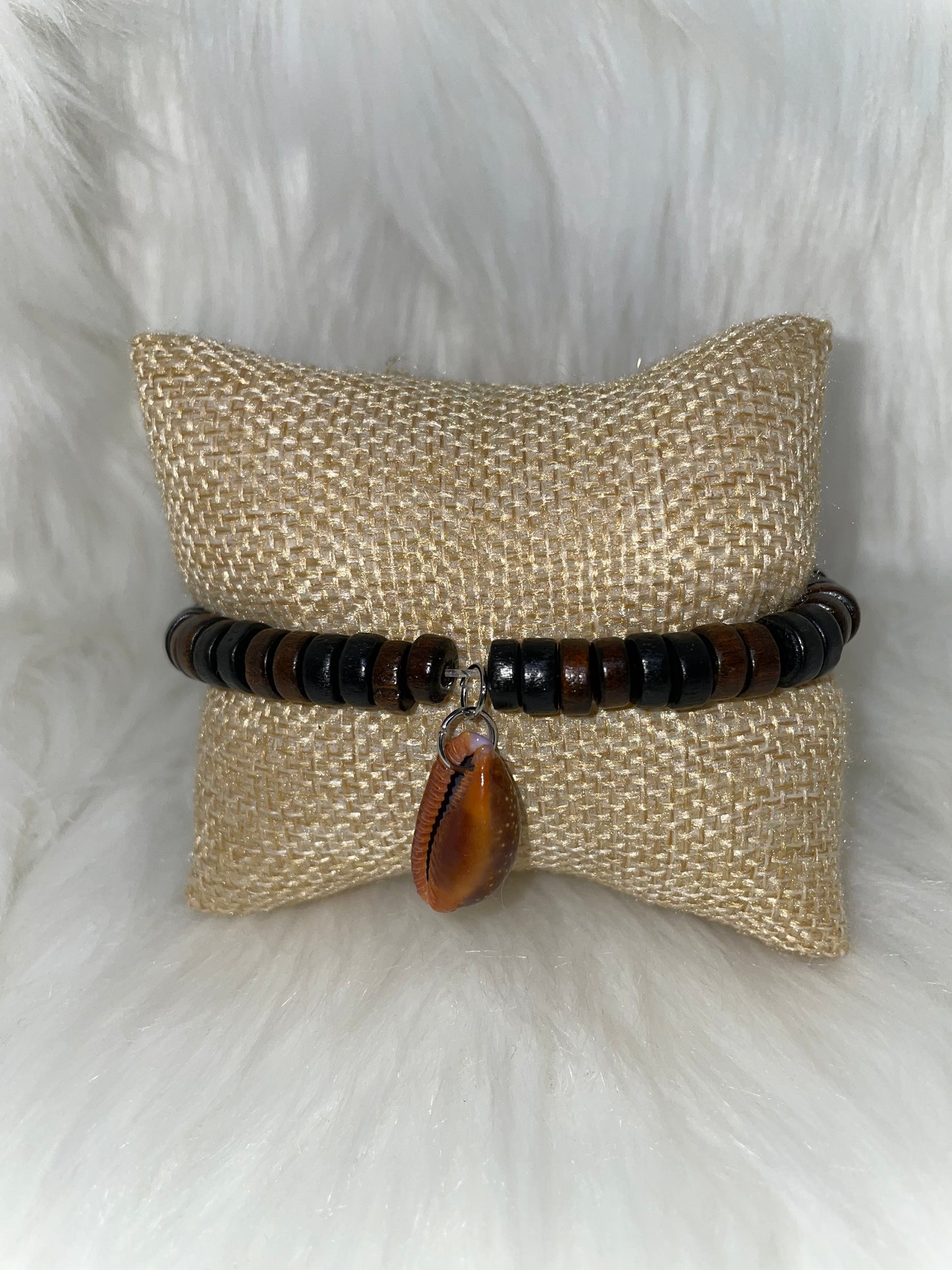 Wood Bead Bracelet with Cowrie Shell Charm