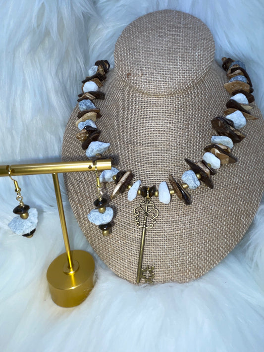 Coconut Shells & White Stone Necklace