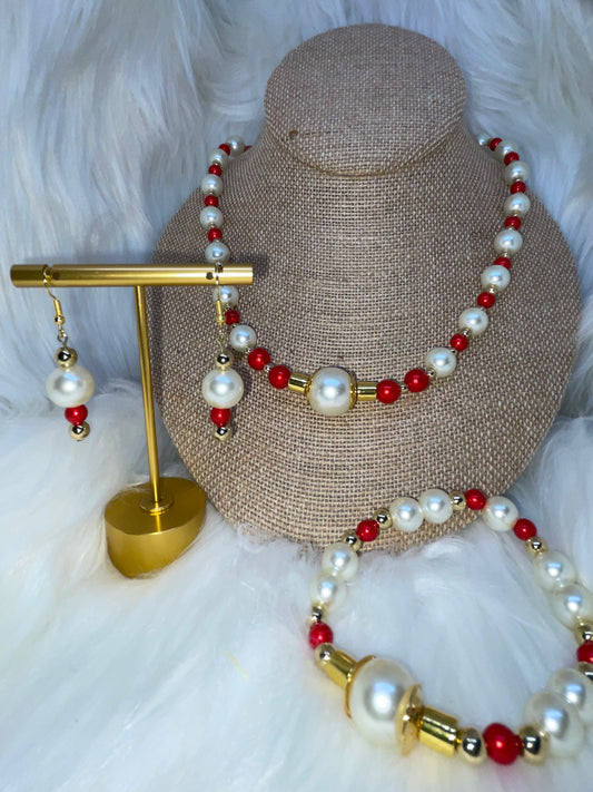 Red & White Pearl Necklace Set