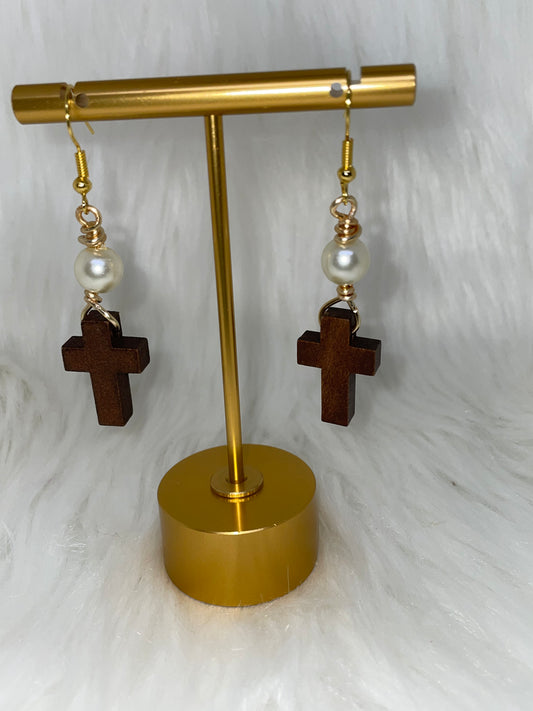 Pearl & Wood Cross Earrings