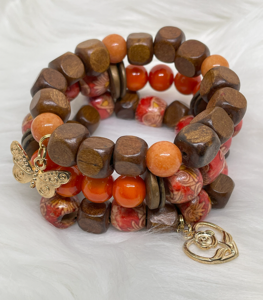 Orange Wood Stacked Bracelets