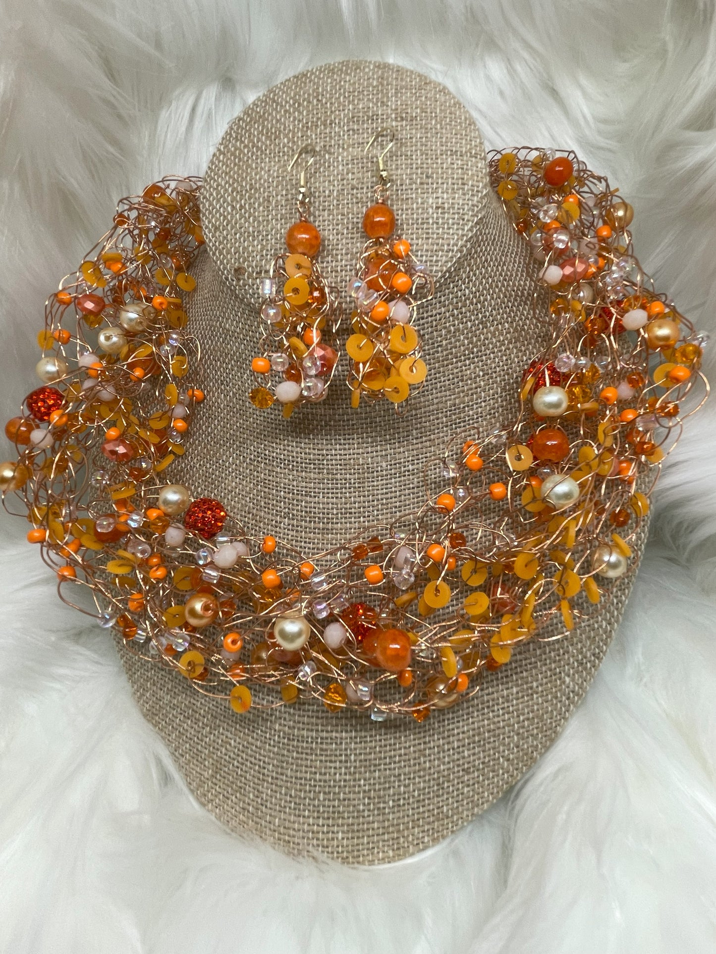 Orange Bead Crocheted Necklace Set