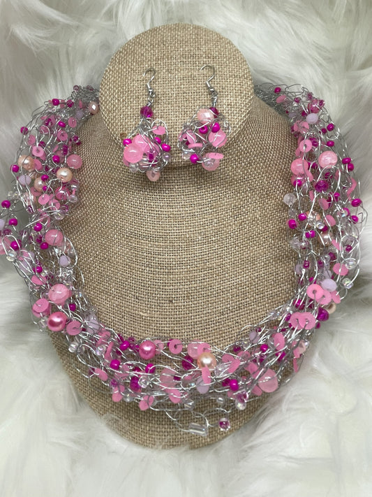 Pink Bead Crocheted Necklace Set