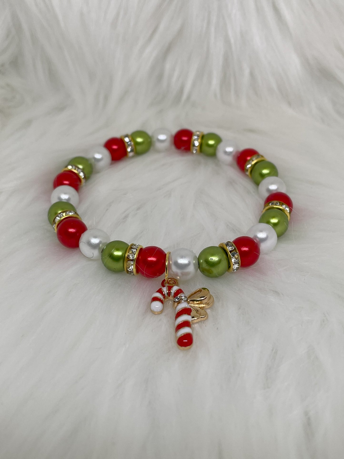 Red, Green, and White Pearl Stretch Bracelet