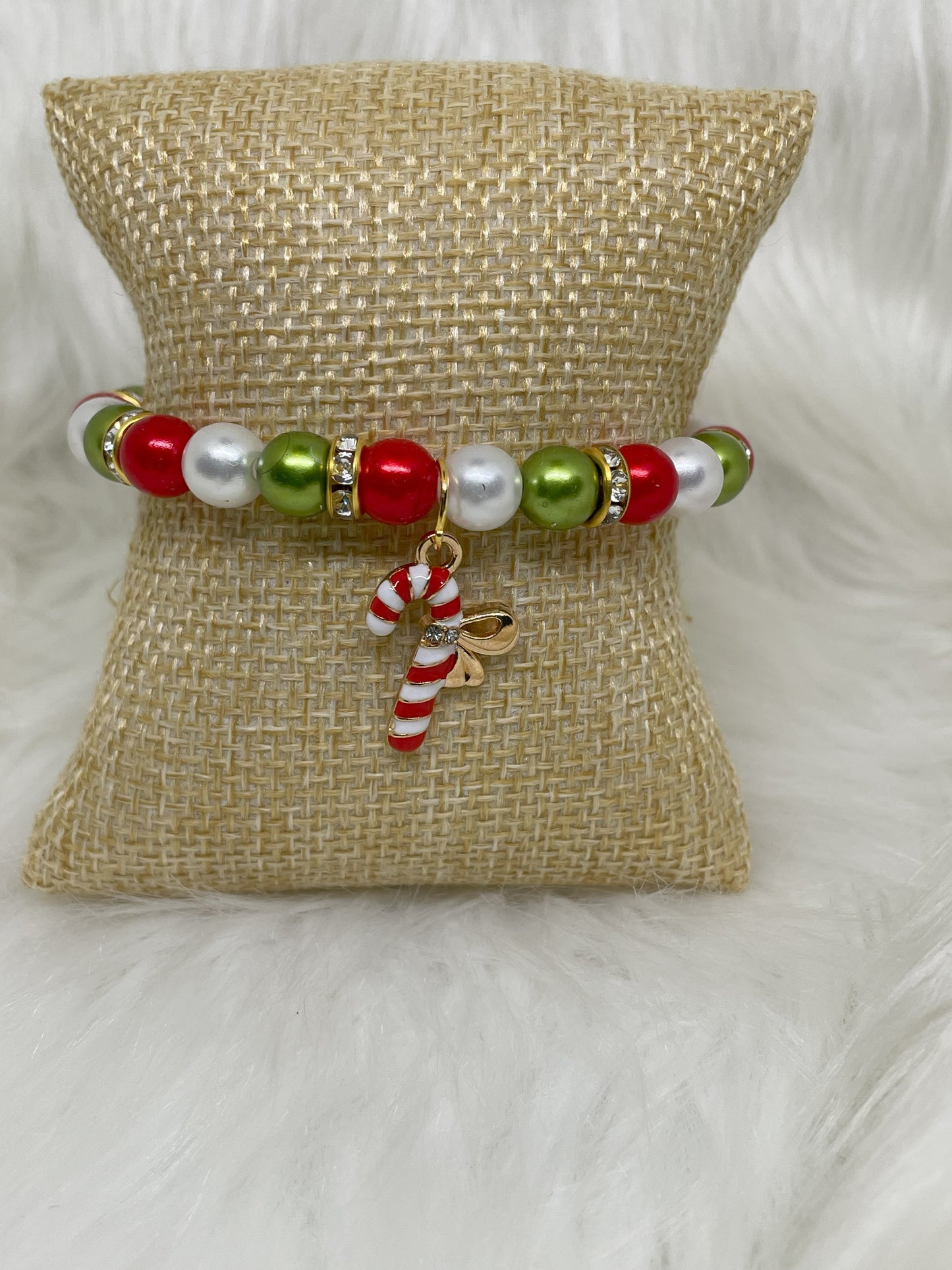 Red, Green, and White Pearl Stretch Bracelet